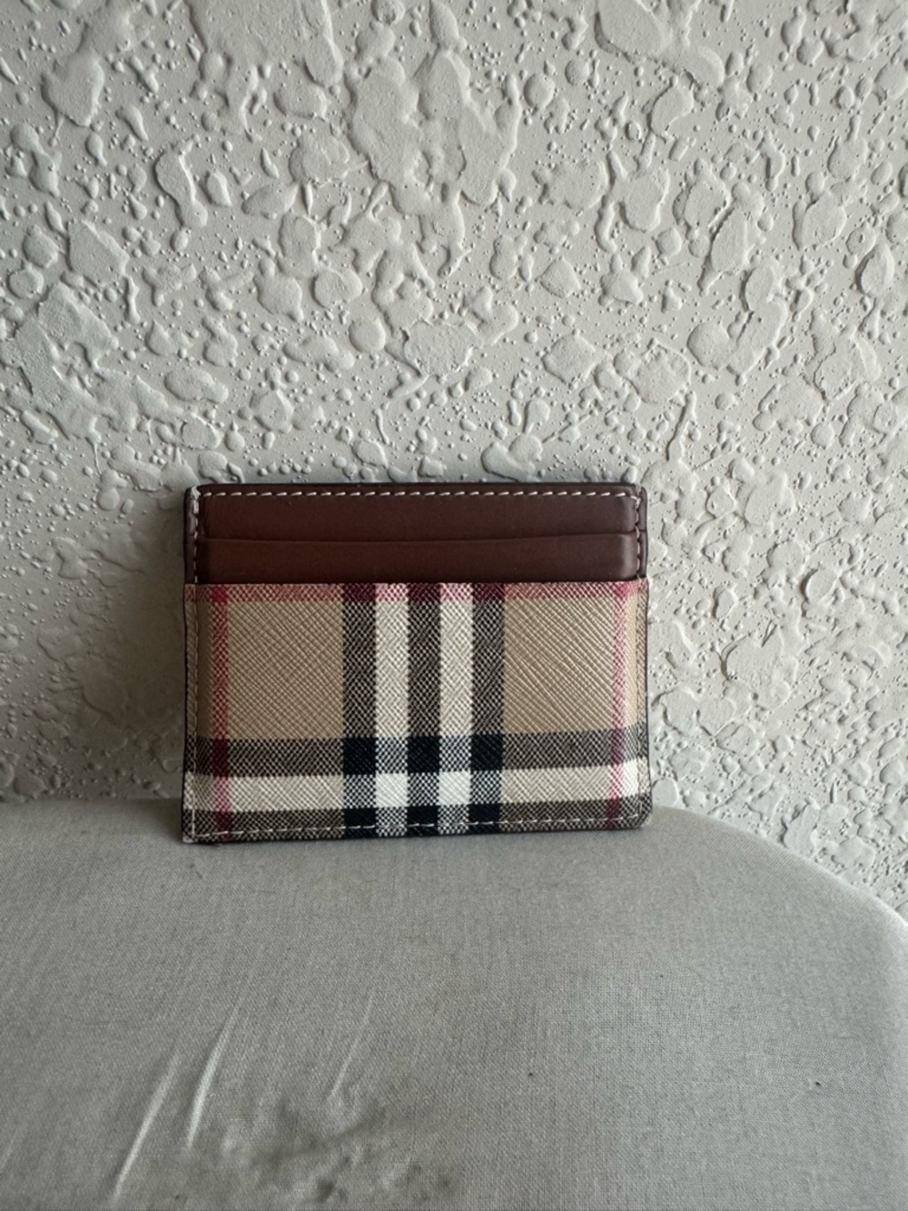 Burberry Beige Plaid Card Holder with Brown Leather Trim